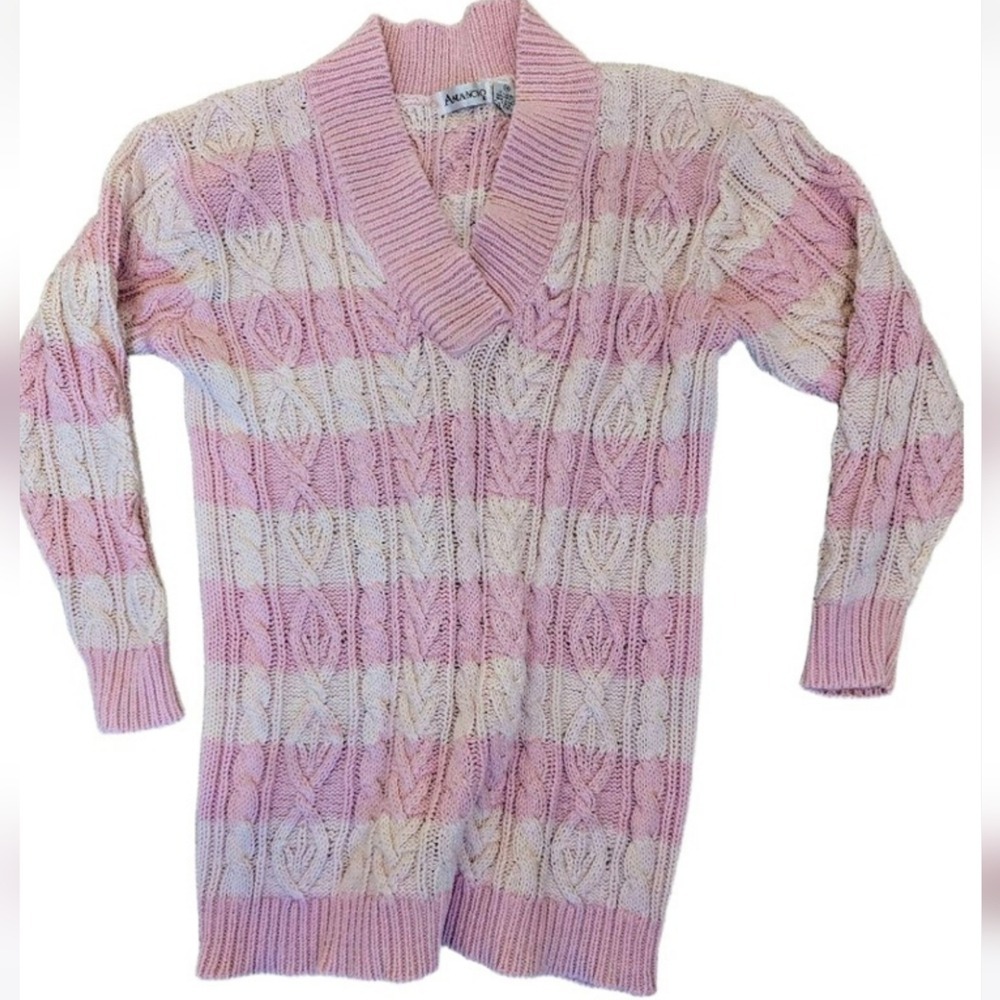 Amancio Pink Off-White Cable Knit Striped Shawl‎ Collar Cardigan Medium